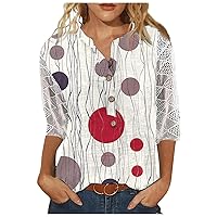 Ladies Summer Tops and Blouses 2023,3/4 Length Sleeve Tops V-Neck 3/4 Sleeve Blouse Print Lace Casual Loose Work Tunic Tee