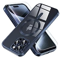 Magnetic for iPhone 15 Pro Case [Never Yellowing] [Military Grade Drop Protection] Full Camera Lens Protector Soft Clear Phone Case for Women Girls, Titanium Blue