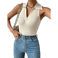COZYEASE Women's Collared Ribbed Tank Knit Top Solid Ribbed Knit Sleeveless Casual Plain Summer Top