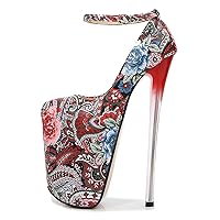 Womens Platforms Pumps Thin High Heels Shoes Sexy Open Toe Stiletto High Heels with Ankle Strap Vintage Ethnic Print Pumps Party Prom Pole Dancing Sandals 22cm