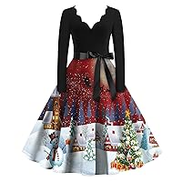 Christmas Vintage Dress for Women Plus Size Long Sleeve Off Shoulder Printed Lace-Up Cocktail Holiday Party Dress
