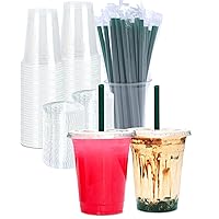 16 oz Clear Plastic Cups with Lids and STRAWS, Disposable Drinking Cups for Cold Drinks, Iced Coffee, Milkshakes, Smoothies, 25 Sets
