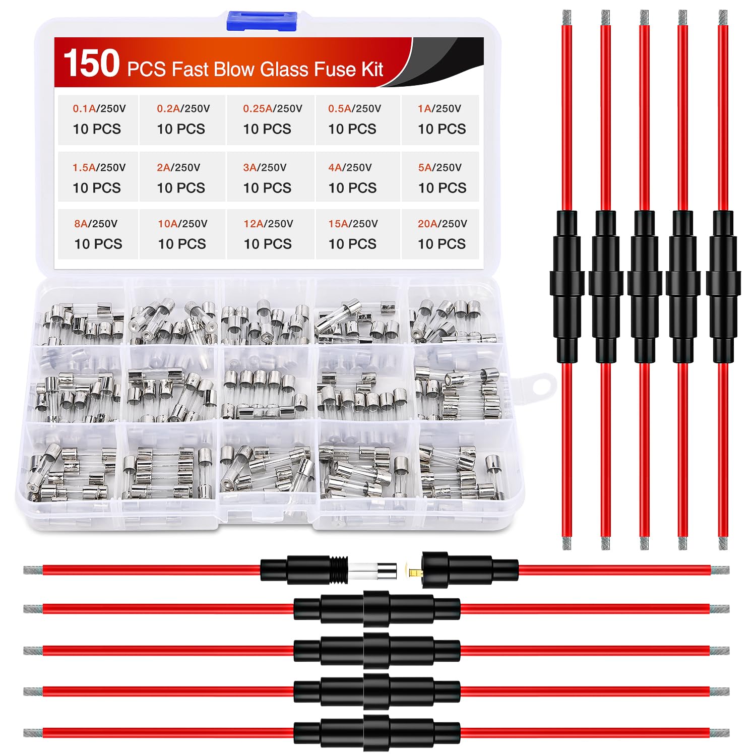 Nilight 150PCS Fast Blow Glass Fuses with 10PCS 5x20mm Inline Fuse Holder Screw Type16AWG 250V 0.1A 0.2A 0.25A 0.5A 1A 1.5A 2A 3A 4A 5A 8A 10A 12A 15A 20A Glass Tube Fuses Assortment, 2 Years Warranty