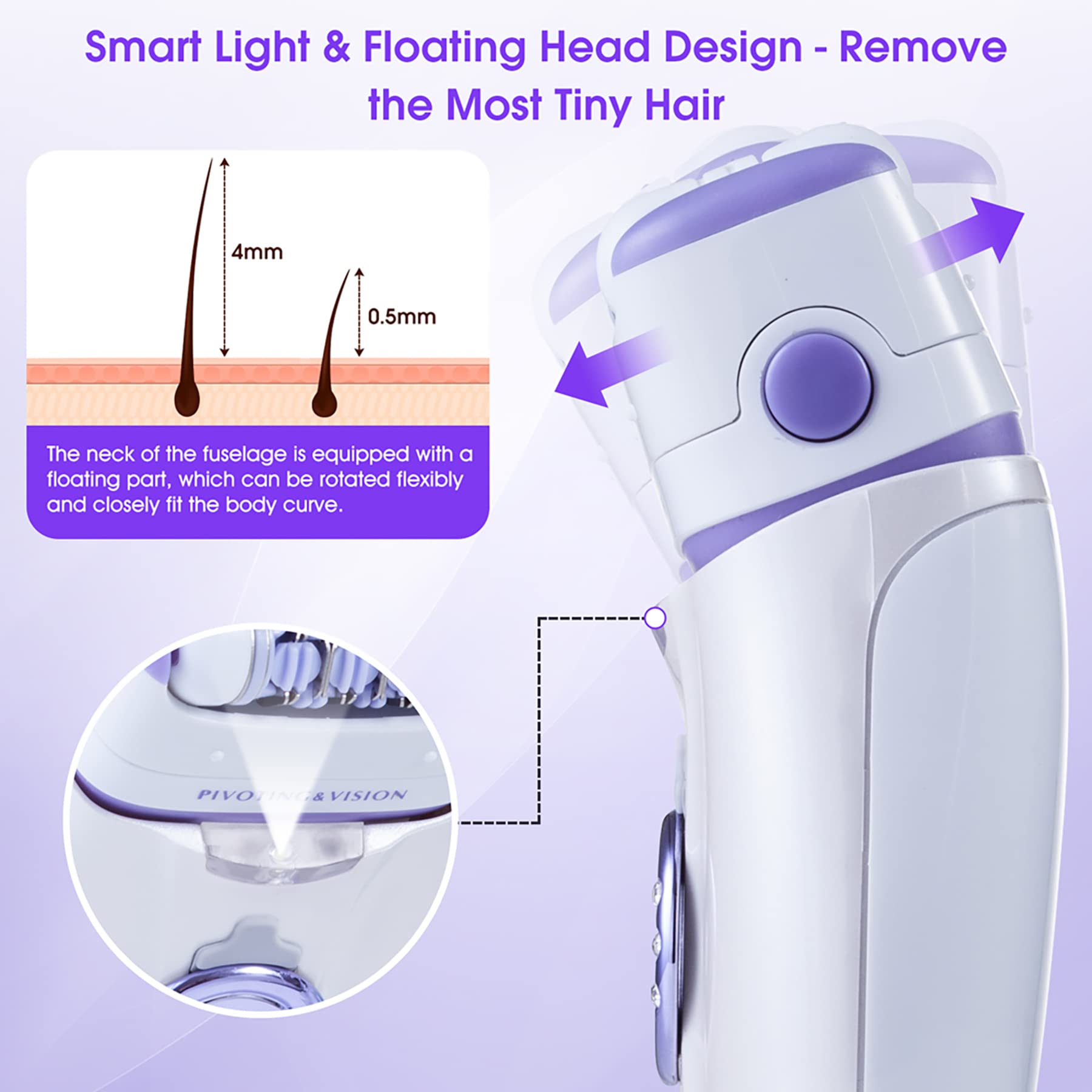 Epilator for Women, 2 in 1 Hair Removal Epilator with Epilator Head & Shaver Head, Electric Cordless Hair Shaver Portable Painless Epilator Hair Removal for Face Bikini Trimmer Ladies & Men