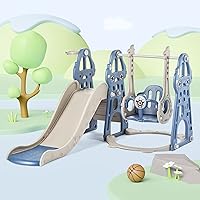 4-in-1 Kids Slide and Swing Set for Toddler Age 1-5, Extra Large Baby Indoor Outdoor Activity Playground with Basketball Hoop and Climber Taxi Collection– Blue
