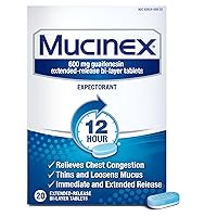 Mucinex 12 Hour 600 mg Guaifenesin Extended-Release Tablets for Excess Mucus Relief, Expectorant Aids Excess Mucus Removal, Chest Congestion Relief, 20 Bi-Layer Tablets