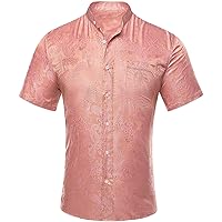 Hi-Tie Paisley Mens Pink Short Sleeve Dress Shirts Mandarin Collar Jacquard Silk Prom Casual Button Down Shirt Regular Fit Business(X-Large)