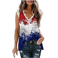 Women Trendy Lace Trim Tank Tops American Flag Tie Dye Shirts Summer Sleeveless V Neck Casual T-Shirt for Going Out