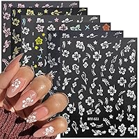 6Sheets Hibiscus Flower Nail Stickers White Pink Nail Decals Elegant Floral Petal Wavy Line Strip Tropical Leaf Designs French Tip Sticker for Women Nail Supplies Spring Nail Decorations Accessories
