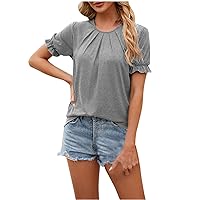 Womens Cute Shirts Summer Casual Tops Short Sleeve Solid Round Neck Blouses Loose Fit Pleated Tunic Vacation Tee