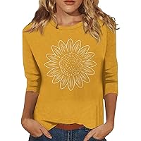 Womens 3/4 Sleeve Tops Crew Neck Sunflower Printed T-Shirt Casual Loose Fit Shirts Trendy Cute Blouses Comfy Tops