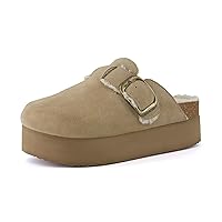 CUSHIONAIRE Women's Granola Fur Genuine Suede Faux Fur Lined Cork Footbed Platform Clog with +Comfort, Wide Widths Available