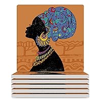 African American Women Ceramic Coasters with Cork Bottom Absorbent Drink Coasters for Kinds of Cups Square 3.7 Inches 6PCS
