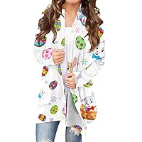 Easter Cardigan Sweaters for Women,Women's Long Sleeve Easter Egg and Bunny Printed Jacket Crewneck Trendy Cardigan