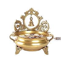 Ethnic Indian Carved 7 Inches Brass Decor Urli Bowl with Bell, Brass Urli for Flowers, Urli Bowl for Home Decor, Brass Urli Decor Bowl, Weight - 1.6 Kg, Standard, Pack of 1