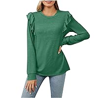 Long Sleeve Shirts for Women Casual Crewneck Ruffle Tops 2024 Fashion Loose Fit Fall Tshirt Plain Trendy Pullover Top