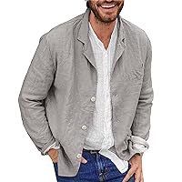 Casual Solid Fall Long Sleeve Lightweight Jackets for Men Notched Lapel Button Down Loose Cotton Tops with Chest Pocket