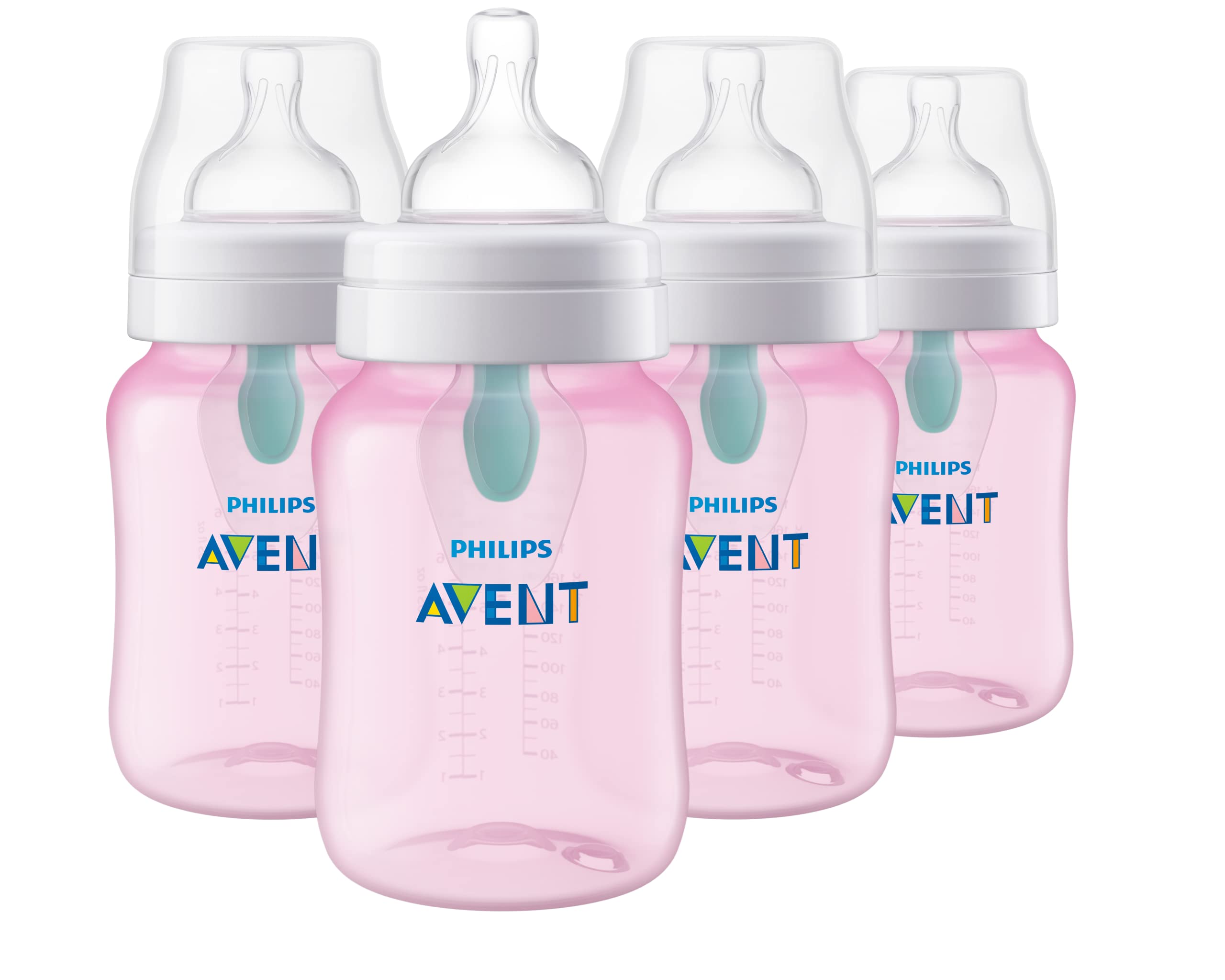 Philips AVENT Anti-Colic Baby Bottles with AirFree Vent, 9oz, Pink, Pack of 4, SCY703/14