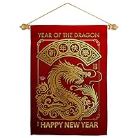 New Year Wall Scroll Flag Wood Dowel Set Tapestry Indoor Home Kitchen Room Window Door Hanging Poster Good Luck Spring Festival CNY Dragon Banner, Chinese Decorations Made in USA
