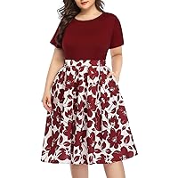 Pinup Fashion Women's Plus Size Midi Dresses Round Neck Summer Casual Party Swing Dress with Pockets