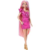 Doll, Fun & Fancy Hair with Extra-Long Colorful Blonde Hair and Glossy Pink Dress, 10 Hair and Fashion Play Accessories