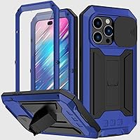 Compatible with iPhone 14 Pro Max Case with Screen Camera Protector Kickstand Rugged Military Metal Heavy Duty Waterproof Case with Stand Screen Protector Slide Camera Cover for Man (Blue)