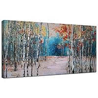 Ardemy White Birch Tree Canvas Wall Art Blue Forest Painting Landscape Panoramic Picture, Nature Teal Artwork Large Framed for Living Room Bedroom Bathroom Dinning Room Home Office Wall Decor 40