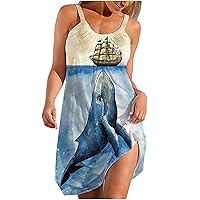 Women's Bohemian Swing Round Neck Glamorous Dress Casual Loose-Fitting Summer Beach Print Flowy Sleeveless Knee Length