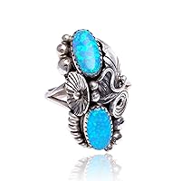 $300Tag Flower Leaf Blue Opal Silver Certified Navajo Native Ring Size 7 1/2 26205-10 Made by Loma Siiva