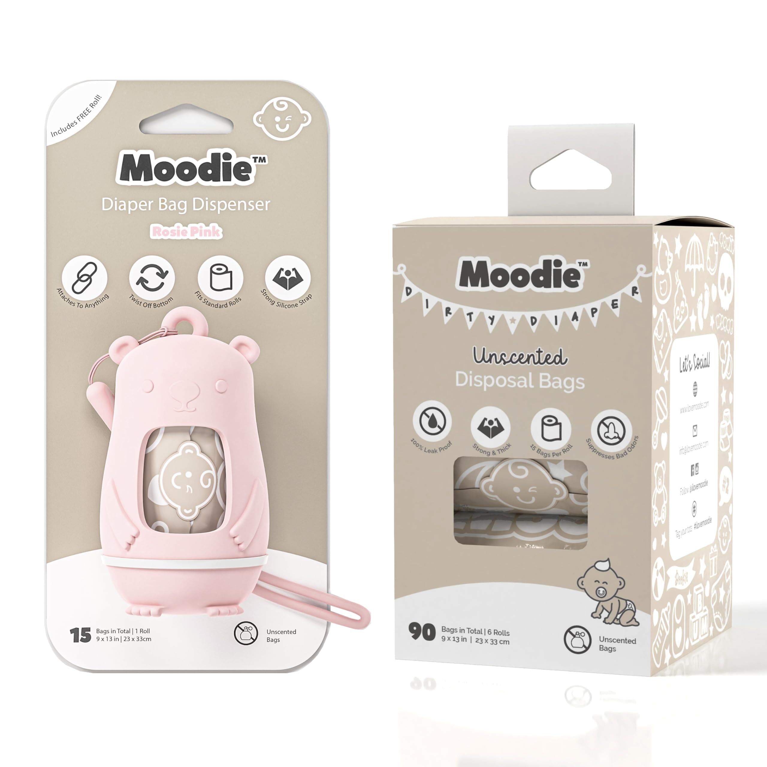 Moodie Teddy Bear Diaper Bag Dispenser w/Silicon Strap (ROSIE PINK) & 6 Refill Roll PACK (UNSCENTED - 105 Bags TOTAL) | Diaper Bag Essential Items