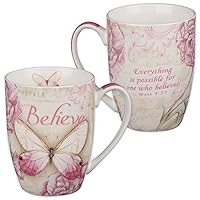 Christian Art Gifts Ceramic Inspirational Coffee Cup, 12-ounce Microwave and Dishwasher Safe Believe Butterfly Mug – Botanic Pink Butterfly Mug for Women and Men: Mark 9:23 Bible Verse