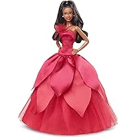 Barbie Signature 2022 Holiday Doll (Dark-Brown Wavy Hair) with Doll Stand, Collectible Gift for Kids Ages 6 Years Old and Up