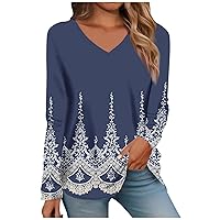 White Long Sleeve Shirts for Women,Tops for Women Long Sleeve V Neck Retro Printed Loose Fit Tunic T Shirts 2024 Summer Fashion Cute Tee Blouse Womens Golf Shirt