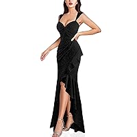 VFSHOW Womens Glitter Sweetheart V Neck Twist Front Backless Ruched Ruffle Slit Formal Evening Gown Maxi Dress