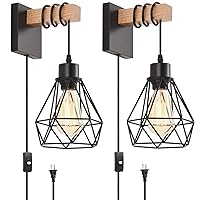 Plug in Wall Sconces Set of Two, Farmhouse Wall Mounted Lights with Plug in Cord, Black Rustic Wall Light Fixture, Indoor Wall Lamp for Bedroom Bedside Living Room
