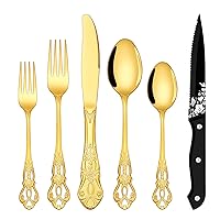 EUIRIO 48 Pieces Retro Royal Silverware Set for 8, Gorgeous Gold Flatware Set with Steak Knives, Premium Stainless Steel Vintage Cutlery Set Utensils with Forks Spoons and Knives, Dishwasher Safe