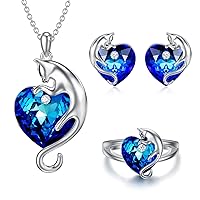AOBOCO Cat Jewelry 925 Sterling Silver Cute Cat Kitty Necklace Earrings Ring Set with Blue Heart Crystal from Austria, Cat Jewelry for Cat Lovers