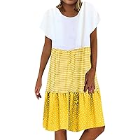My Orders Summer Dresses for Women 2024 Trendy Plus Size Crewneck Short Sleeve Patchwork Dress Going Out Dressy Casual Color Block Beach Sundress Sales Today Clearance(1-Yellow,X-Large)