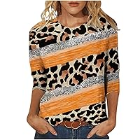 Womens 3/4 Sleeve Color Block Leopard Fashion T-Shirts Summer Casual Loose Fit 2023 New Crewneck Tee Tops