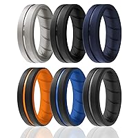 ROQ Silicone Rubber Wedding Ring for Men, Wedding Band, Breathable Engagement Band, 8mm Wide 2mm Thick, Engraved Duo Middle Line, 6 Pack, Black, Silver, Grey, Dark Blue, Orange, Light Blue, Size 8