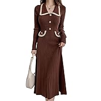 chouyatou Women's Fall Gold Button Formal Cocktail Sweater Dress Fit and Flare Midi Long Winter Knit Dress