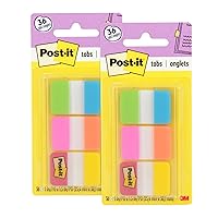 Post-it Tabs, 1 in Solid, Aqua, Yellow, Pink, Red, Green, Orange, 6/Color, 36/Dispenser (686-ALOPRYT) (Pack of 2)