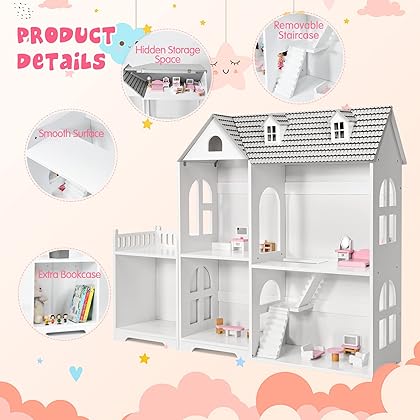 Costzon Kids Wooden Dollhouse, 2-in-1 Cottage Dollhouse Bookcase w/ 5 Rooms and Hidden Storage, 2 Tiers Pretend Toy Set w/ 14 PCS Furniture for Toddlers Playroom, Nursery, Gift for Girls & Boys (Grey)