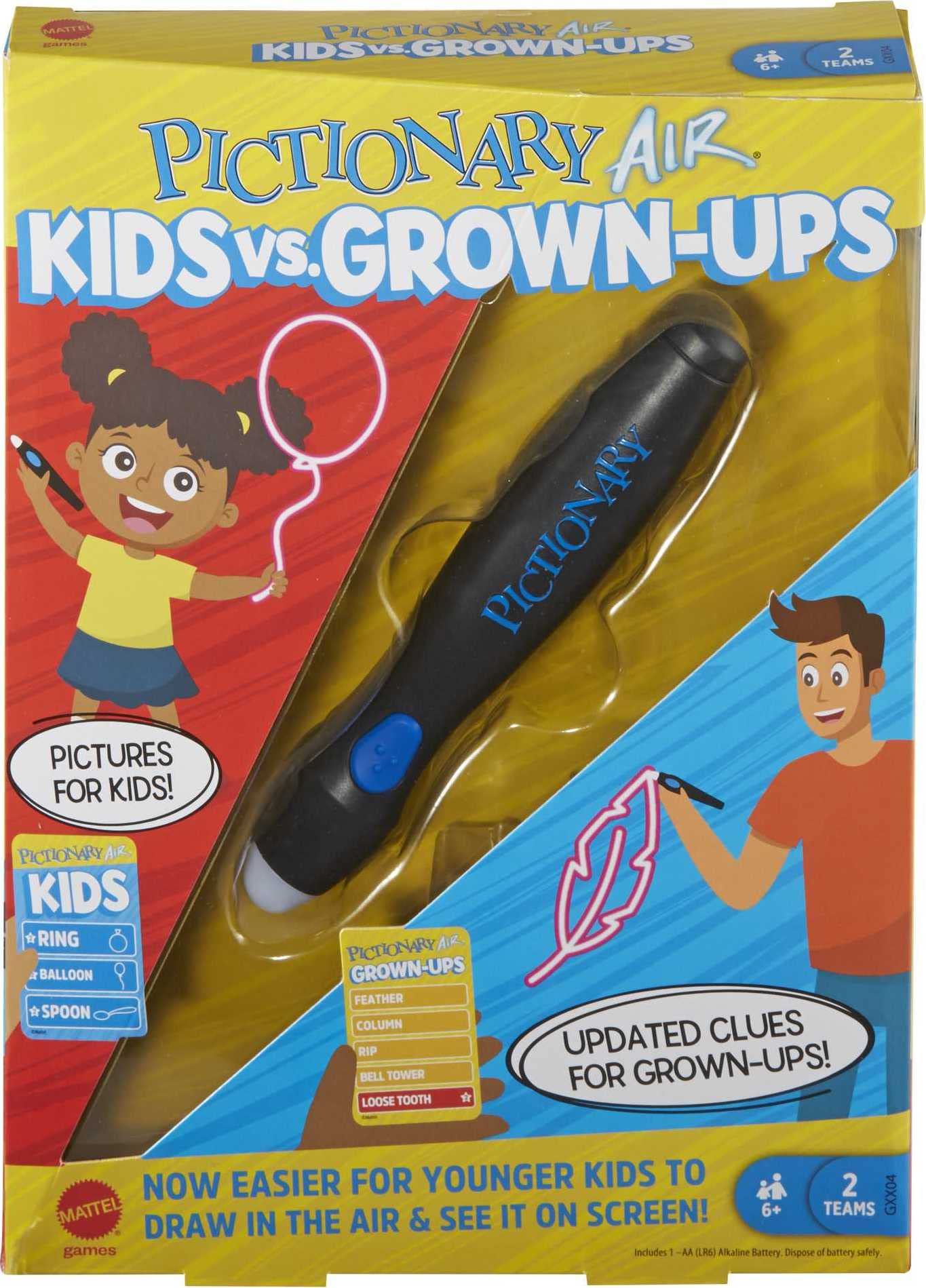 Mattel Games ​Pictionary Air Kids Vs. Grown-Ups Family Game for Game Night with Light Pen and Clue Cards, Connect to Smart Devices