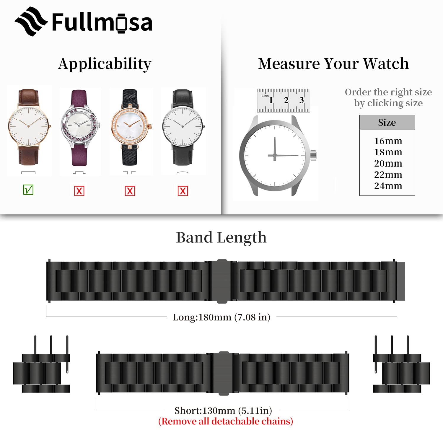 Fullmosa 18mm Stainless Steel Watch band, Quick Release Watch strap Compatible with Garmin Vivoactive 4S/Vivomove 3S/Active S/Venu 2S/Move 3S, Huawei Watch 1st, Black