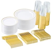 350PCS Gold Plastic Dinnerware Set, Disposable Party Plates for 50 Guests, Include: 50 Dinner Plates, 50 Dessert Plates, 50 Pre Rolled Napkins, 50 Goldware Set and Cups For Wedding, Party,Anniversary