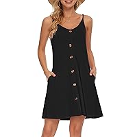 WNEEDU Black Summer Dresses for Women Spaghetti Strap Button Down V Neck Casual Beach Cover Up Dress with Pockets (XL, Black)