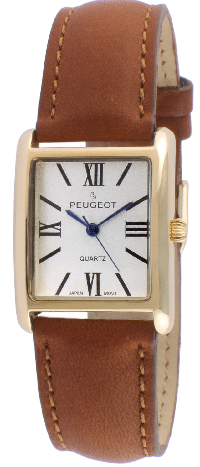 Peugeot Women's 14K Gold Plated Tank Leather Dress Watch with Roman Numerals Dial