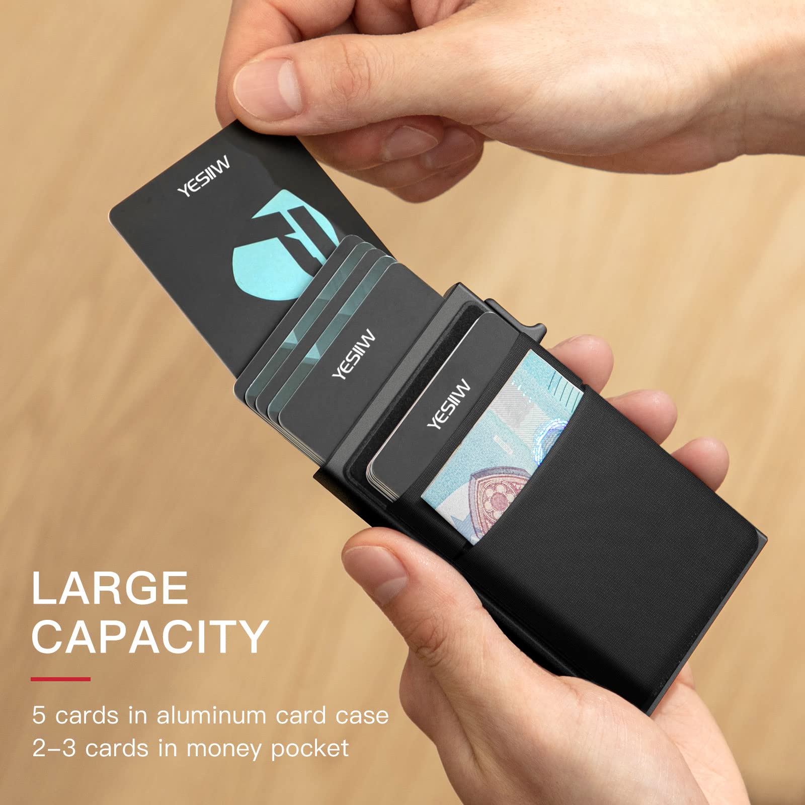 YESIIW Slim Card Holder Wallet - Minimalist Pop up Wallet for Men RFID Blocking with Money Pocket | Metal Card Case Stealth Wallet Black