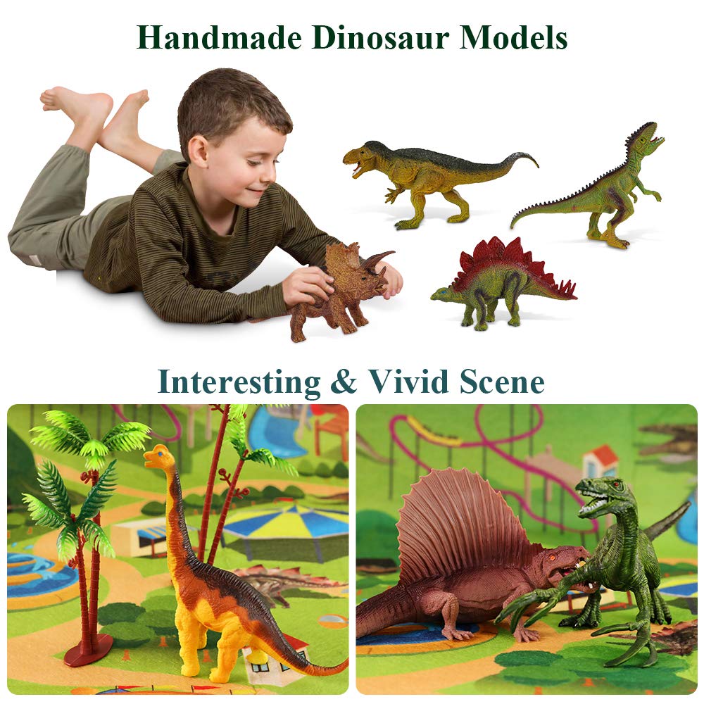 Dinosaur Toys Set with 9 Realistic Dino Action Figures, Activity Play Mat & Trees, Educational Toy to Create a Dino World Included T-Rex, Triceratops, Velociraptor, Great Gift for Kids 3 4 5 6 7 Years